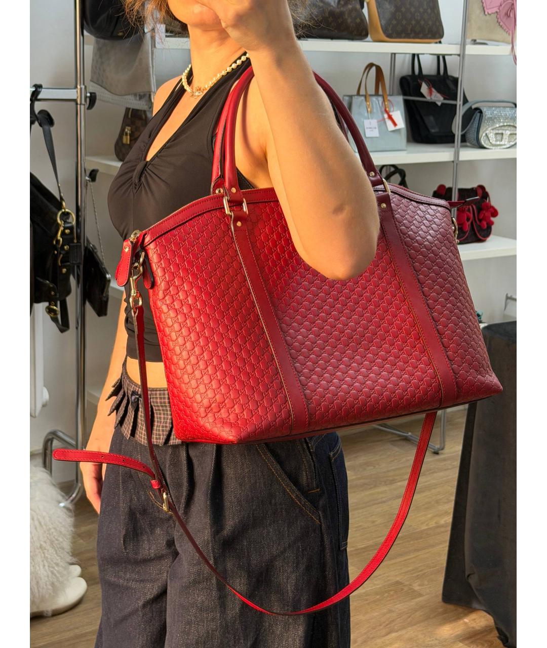 GUCCI Бордовая кожаная сумка тоут, фото 5