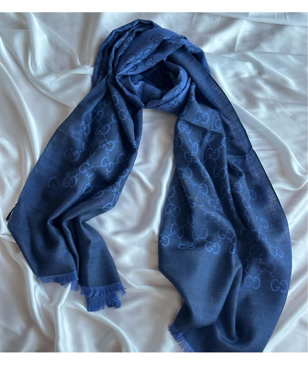 GUCCI Синий шерстяной шарф, фото 6
