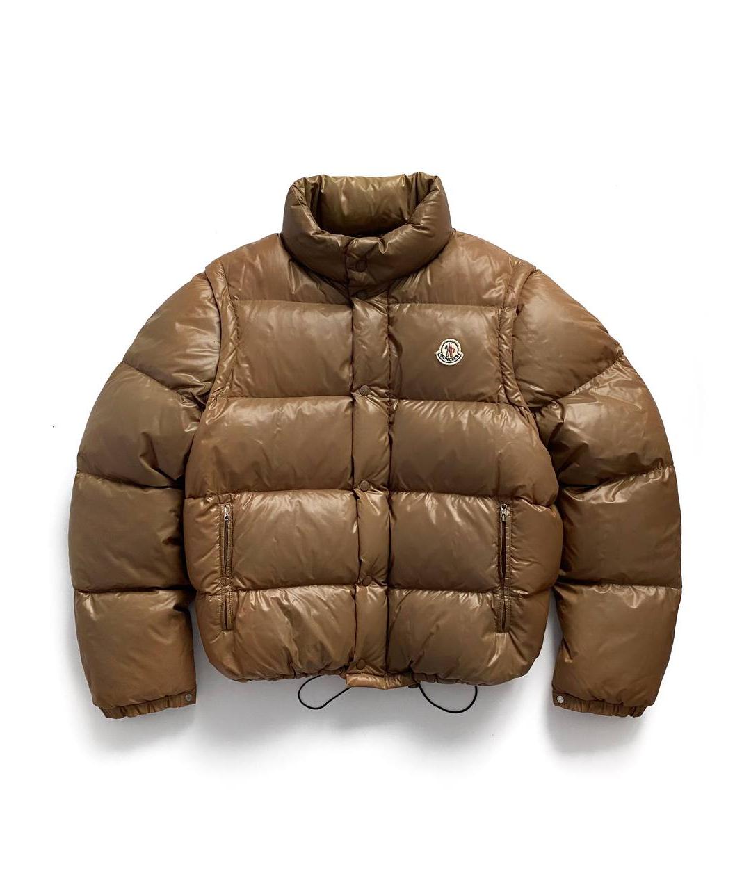 MONCLER Коричневый полиэстеровый пуховик, фото 1