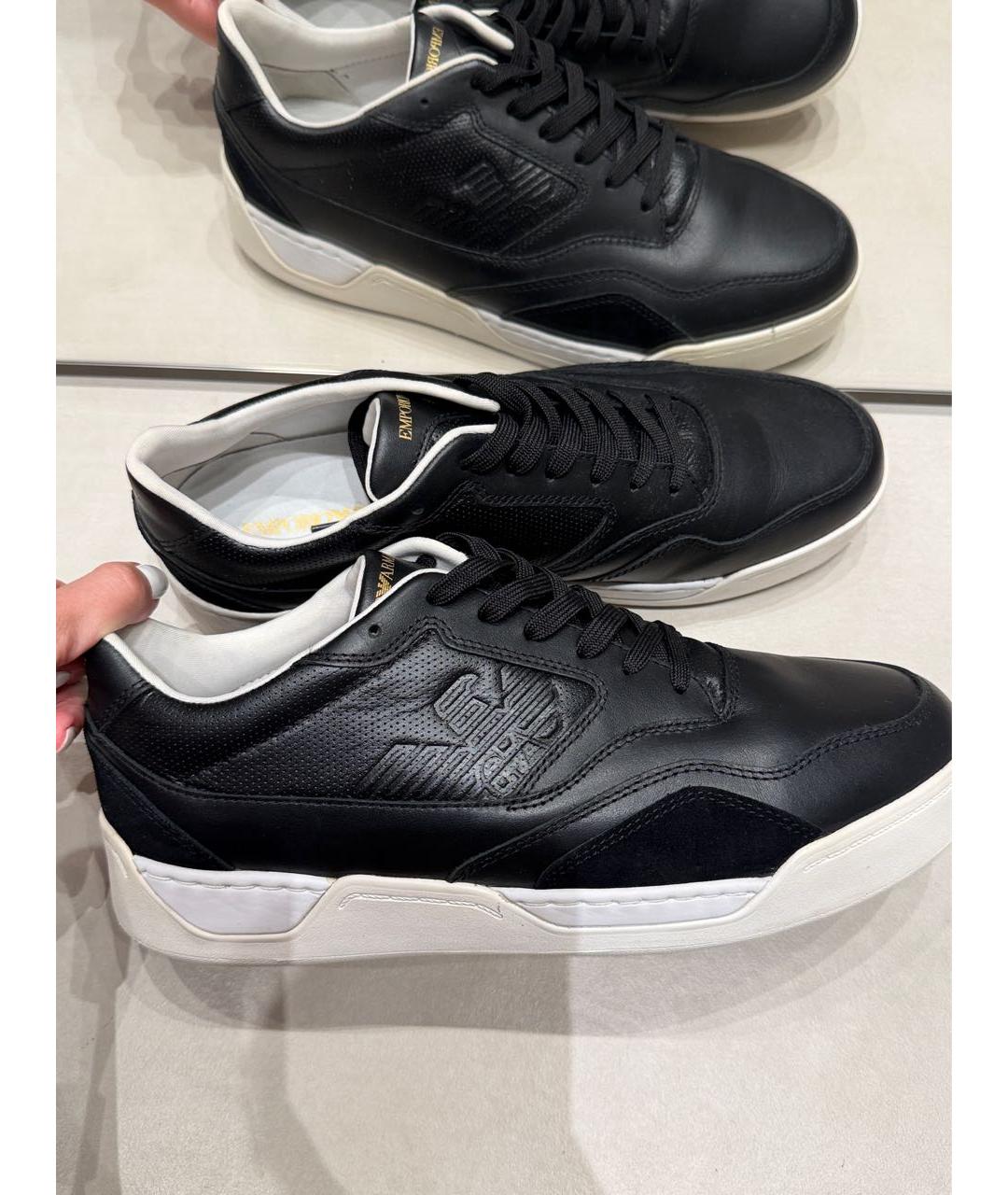 EMPORIO ARMANI Черные кожаные низкие кроссовки / кеды, фото 5