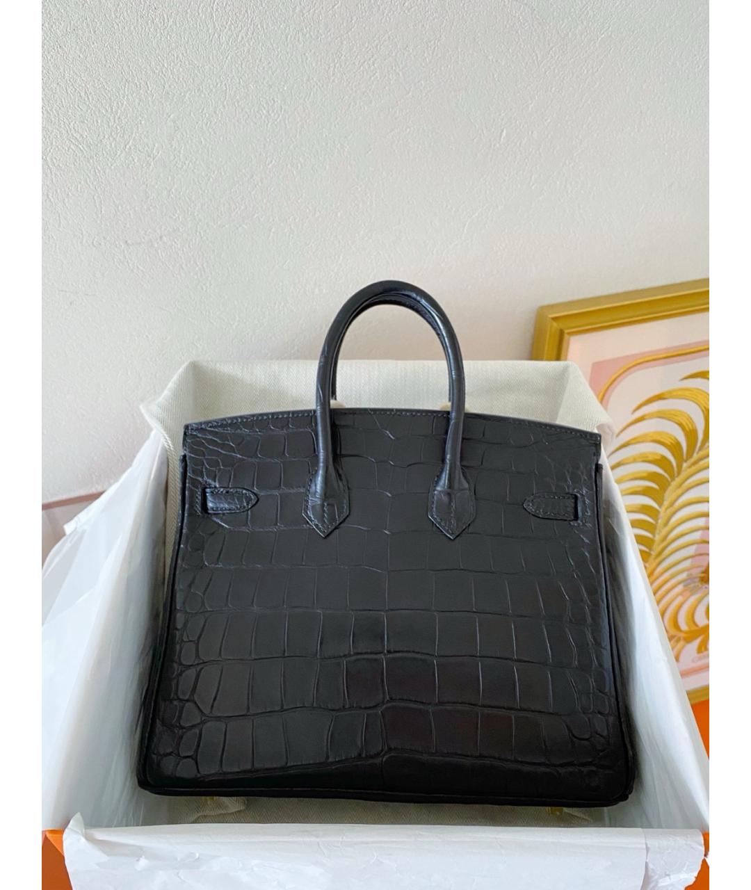 HERMES Черная сумка с короткими ручками из кожи аллигатора, фото 3