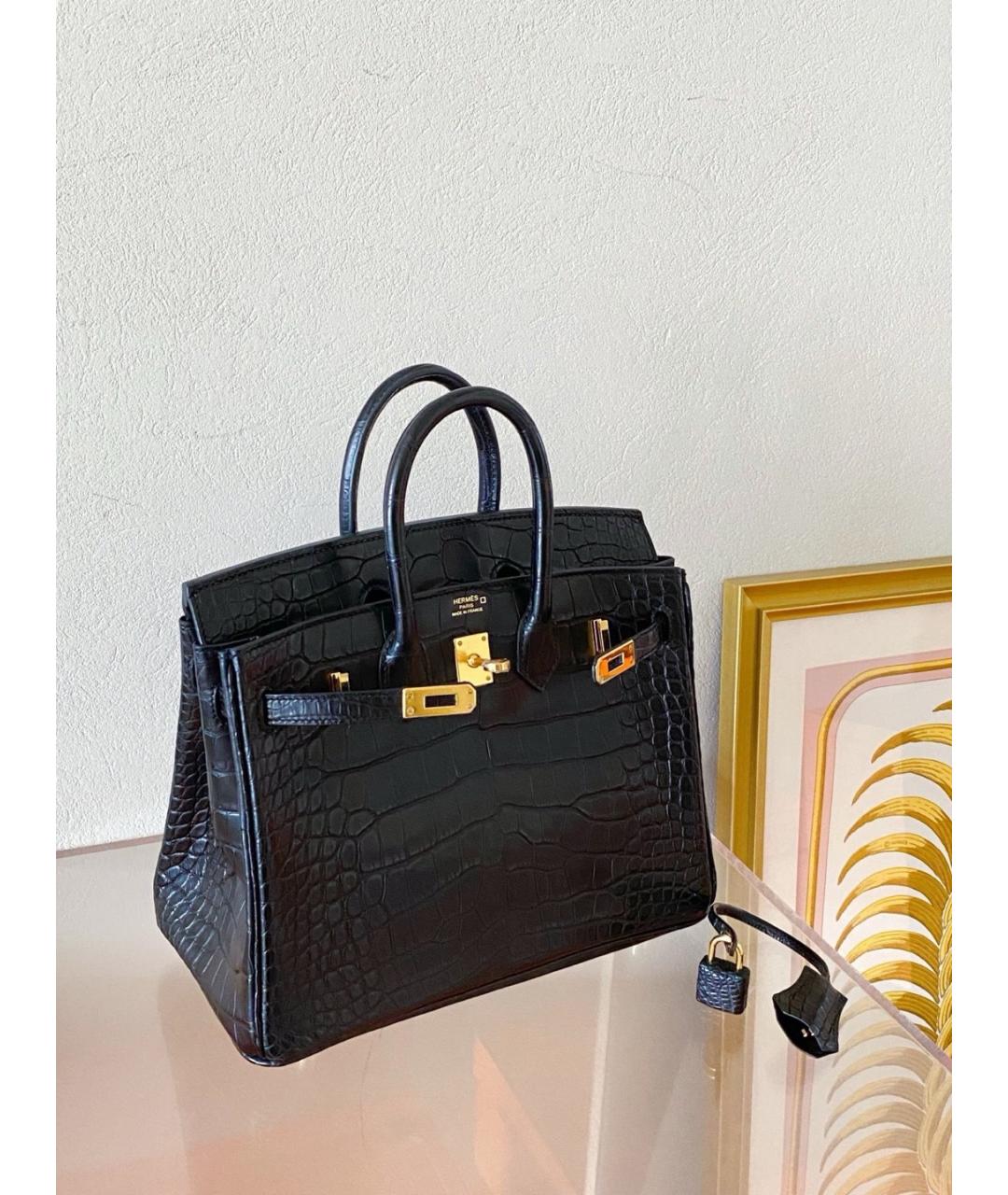 HERMES Черная сумка с короткими ручками из кожи аллигатора, фото 6