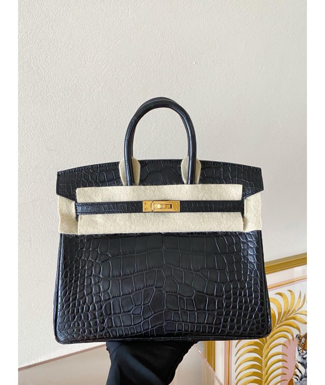 HERMES Черная сумка с короткими ручками из кожи аллигатора, фото 5