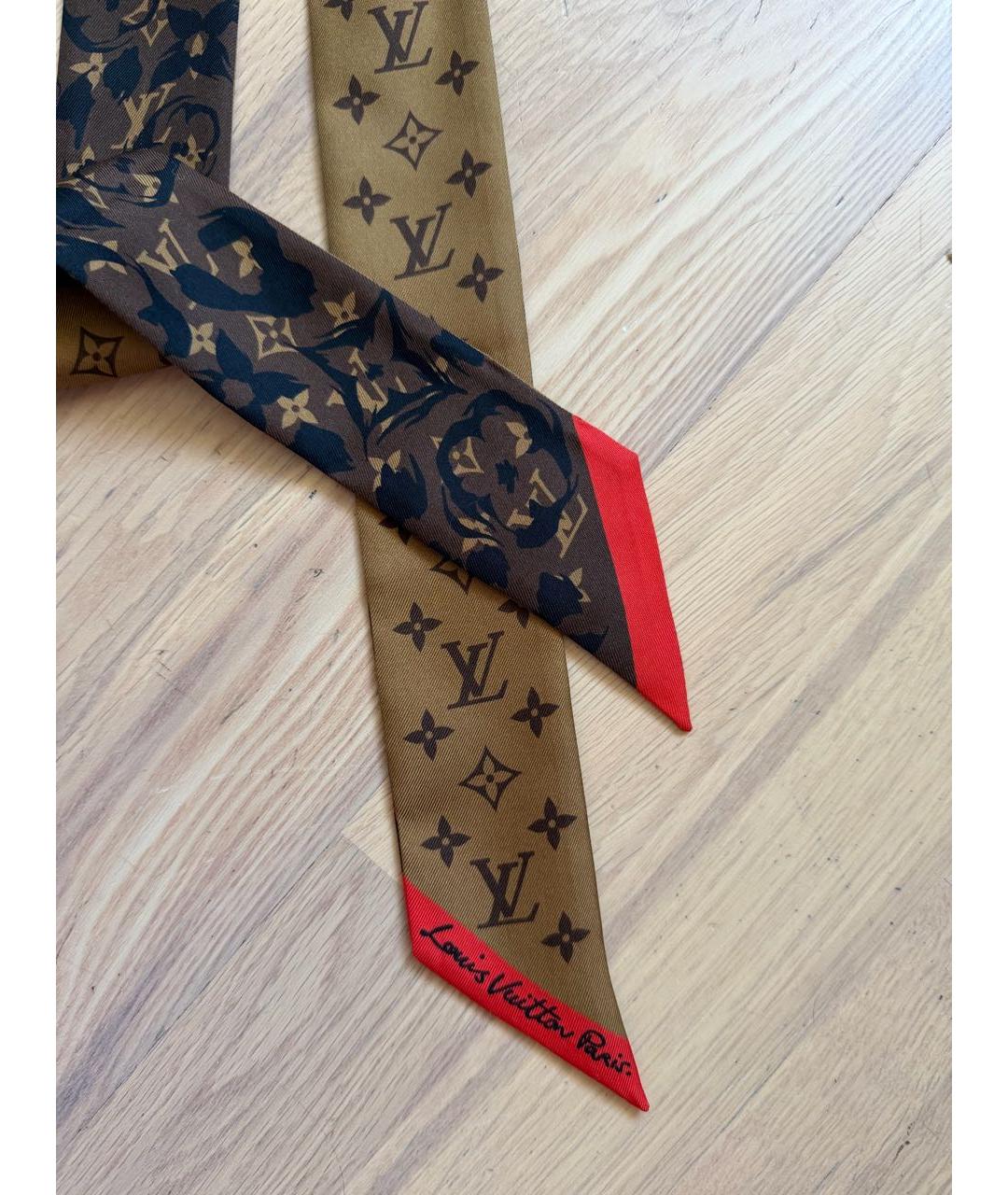 LOUIS VUITTON Коричневый шелковый платок, фото 2