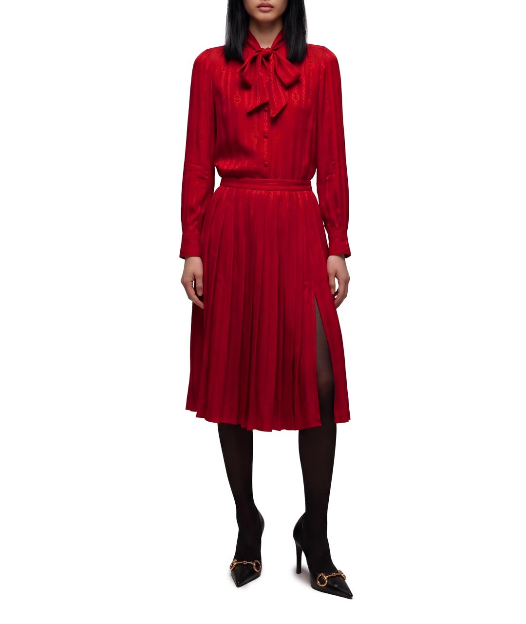 GUCCI Красная шелковая юбка миди, фото 3