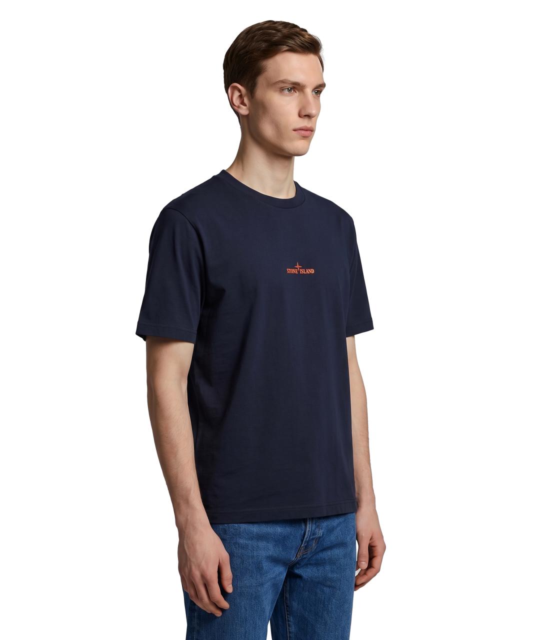STONE ISLAND Темно-синяя хлопковая футболка, фото 2