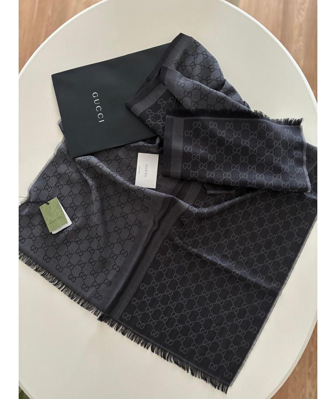GUCCI Черный шерстяной шарф, фото 2