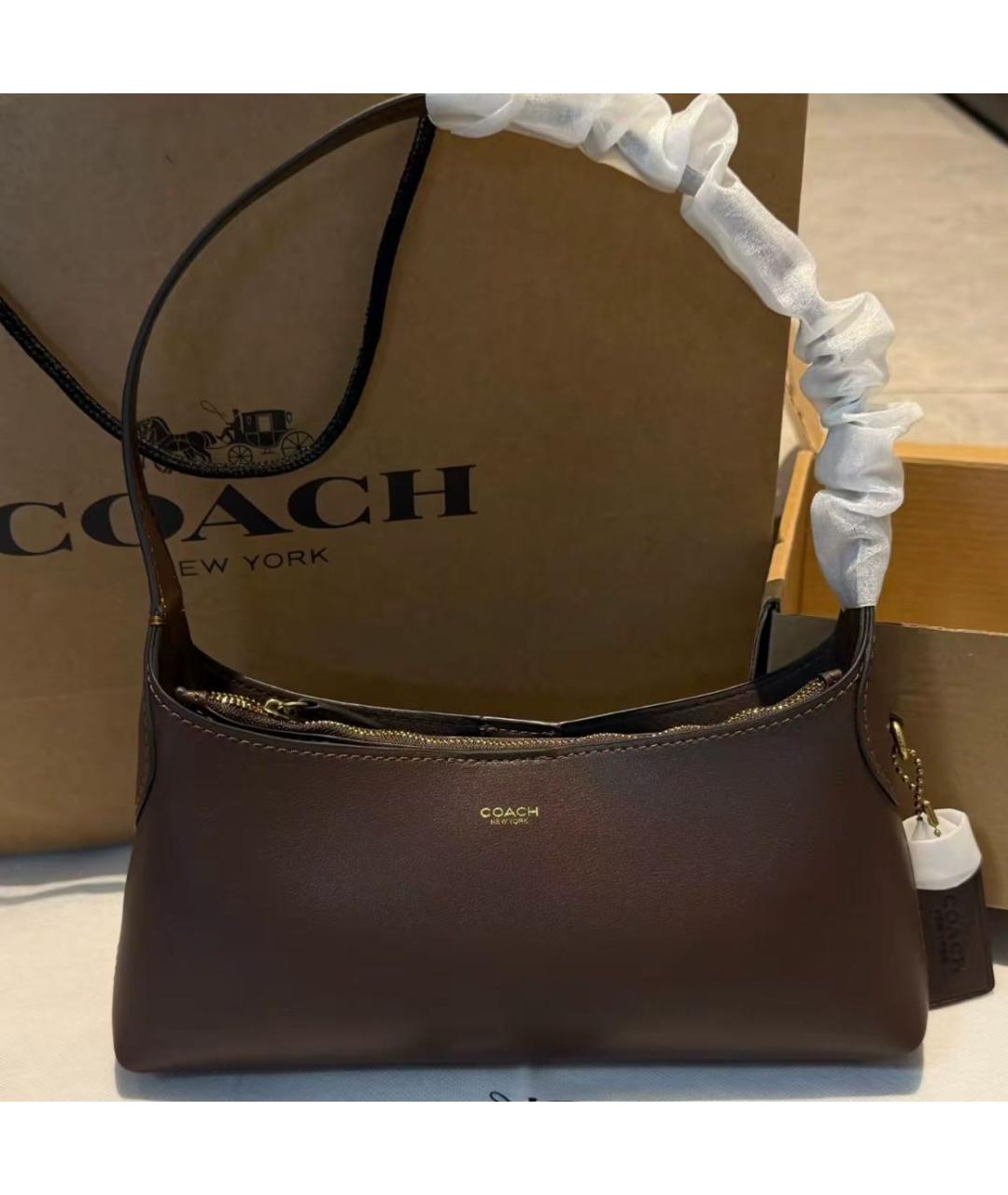COACH Коричневая кожаная сумка с короткими ручками, фото 4