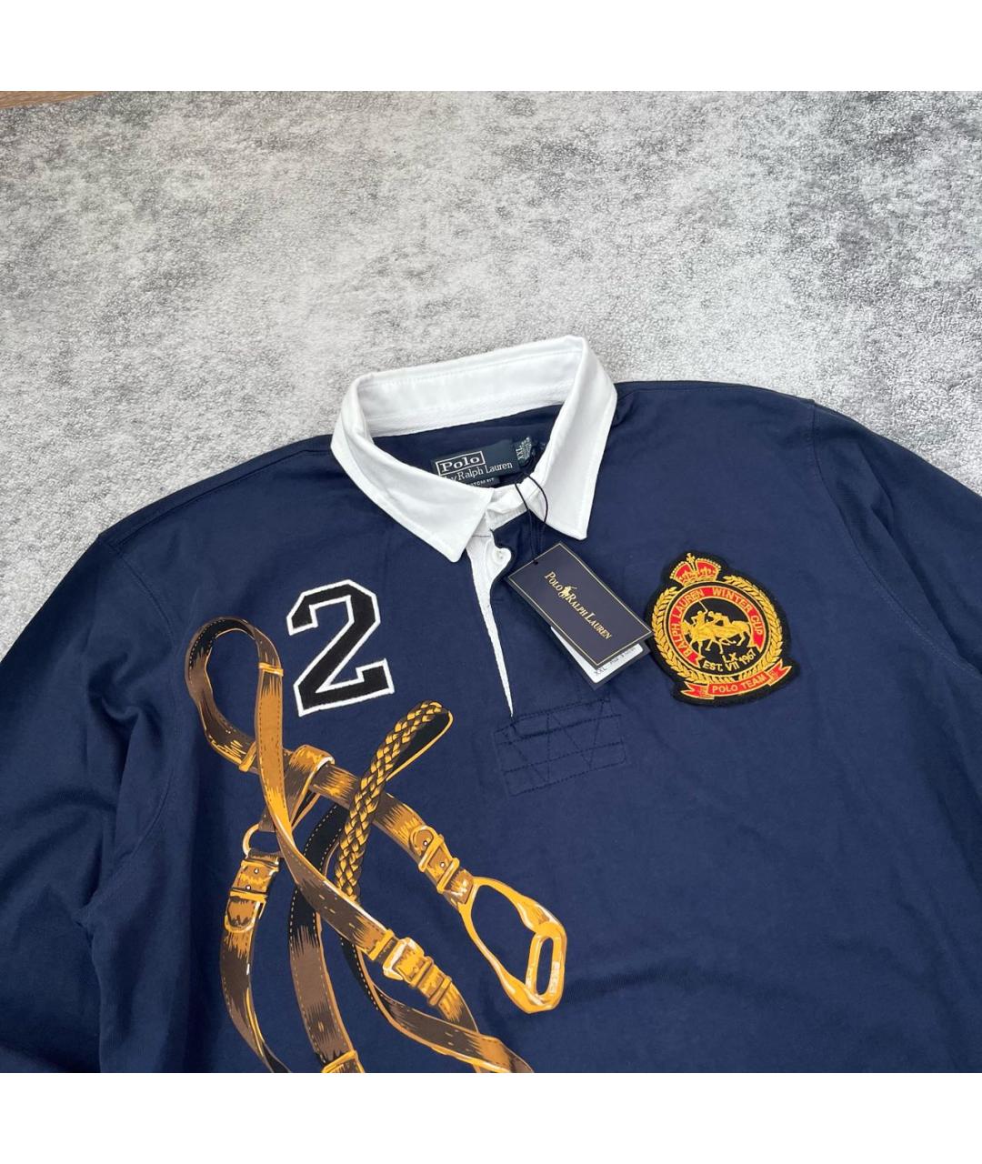 POLO RALPH LAUREN Синее хлопковое поло с длинным рукавом, фото 3