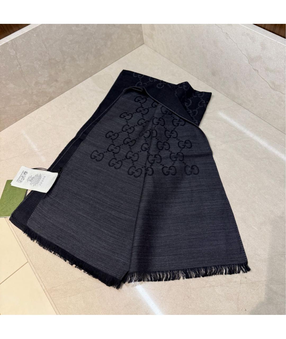 GUCCI Черный шерстяной шарф, фото 3