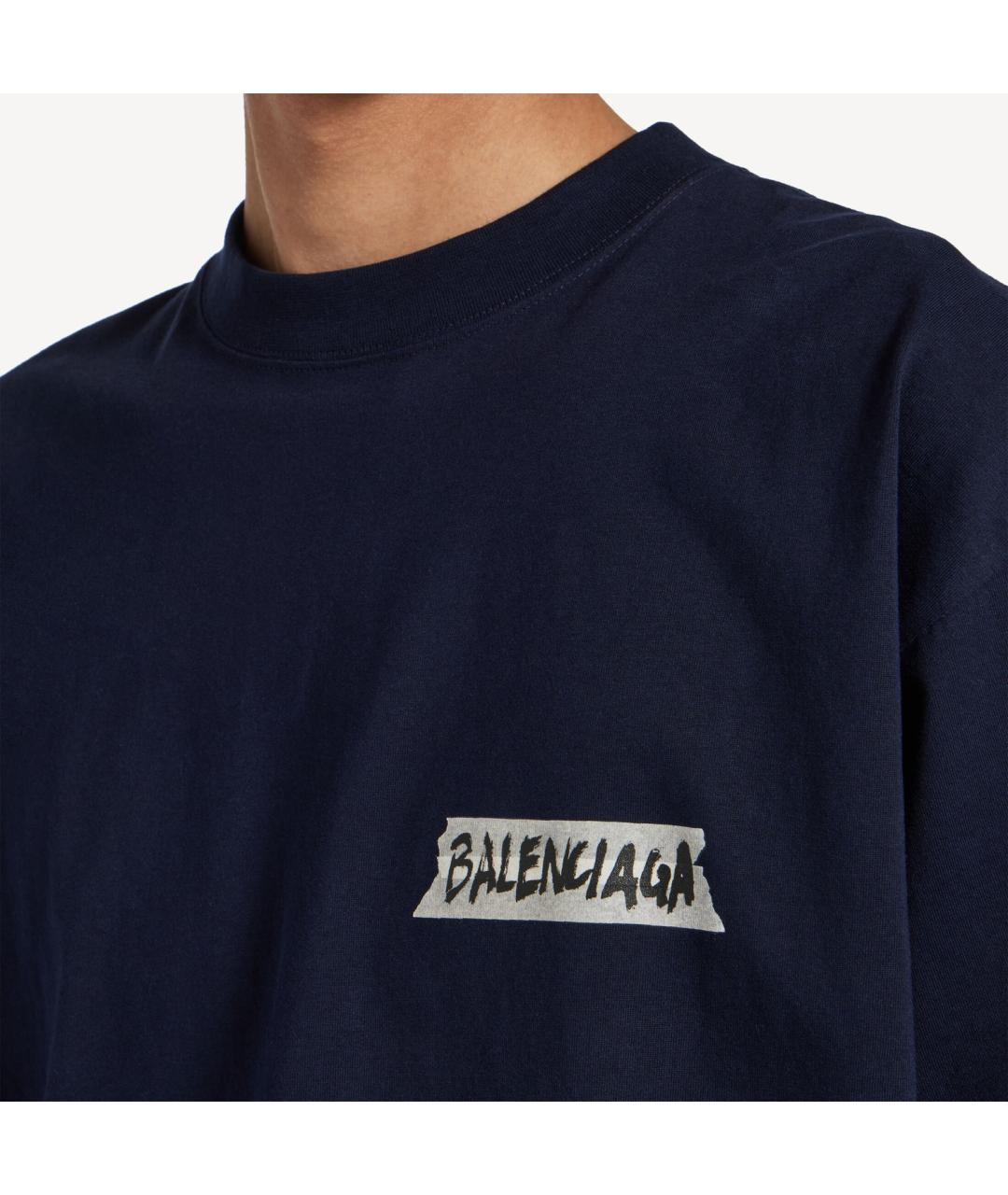BALENCIAGA Темно-синяя хлопковая футболка, фото 3