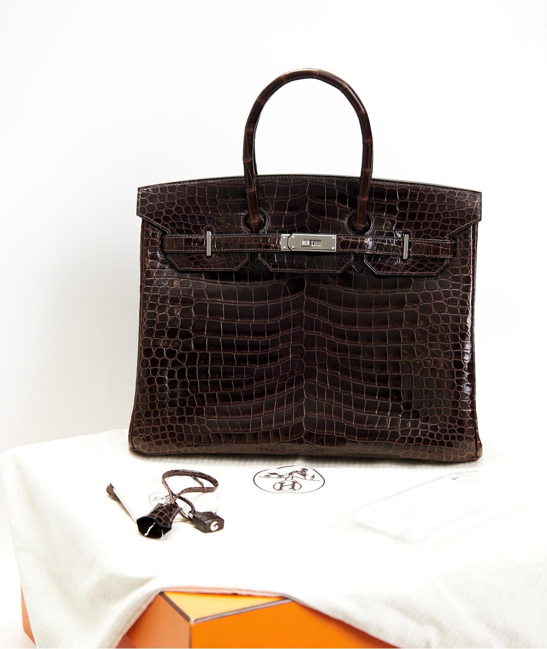 HERMES Коричневая сумка с короткими ручками из экзотической кожи, фото 6