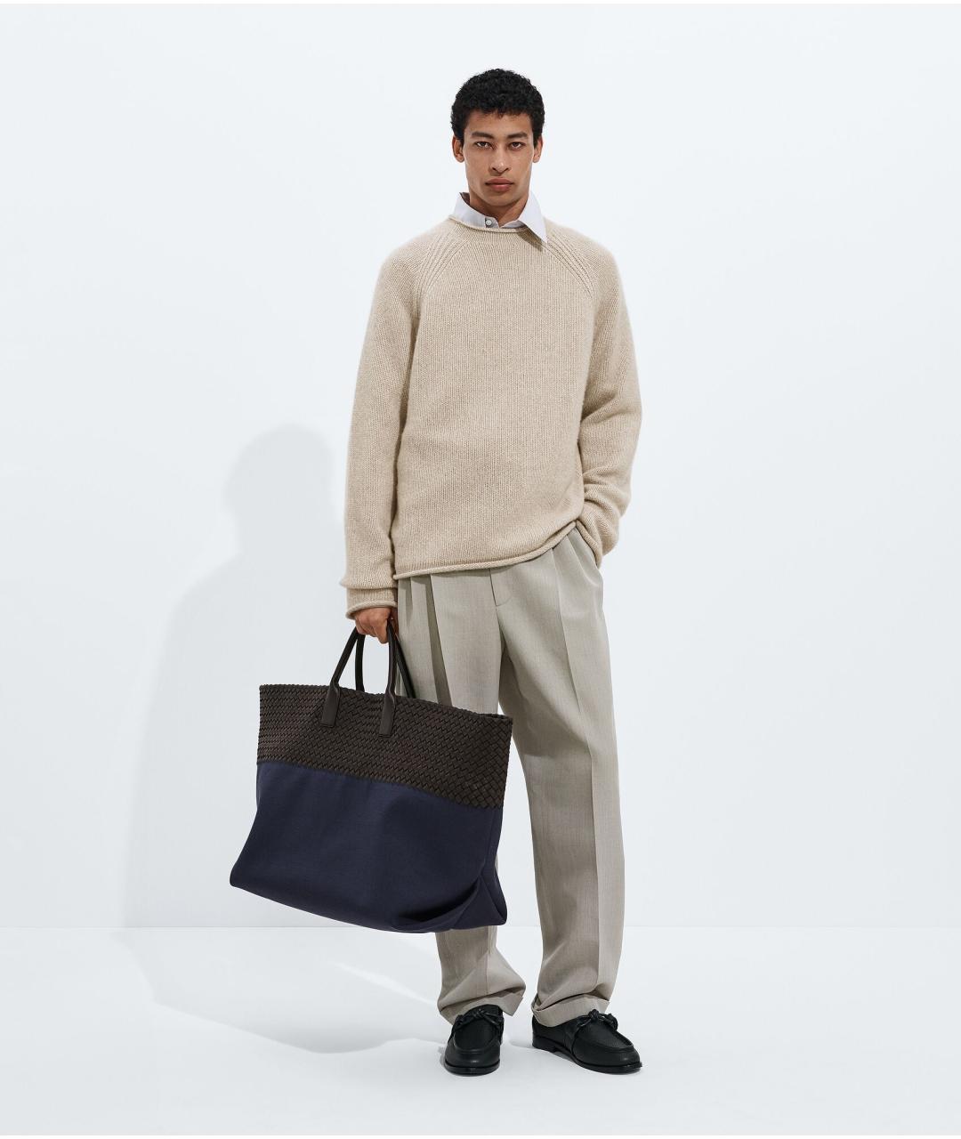 BOTTEGA VENETA Темно-синяя льняная сумка тоут, фото 5