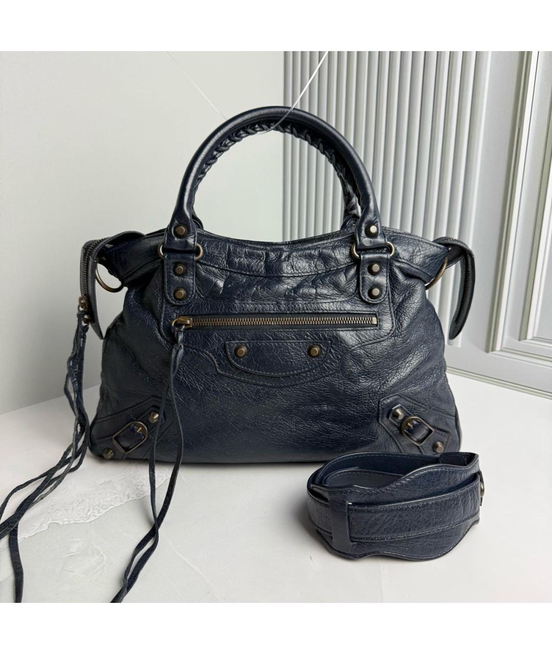 BALENCIAGA Темно-синяя кожаная сумка с короткими ручками, фото 9