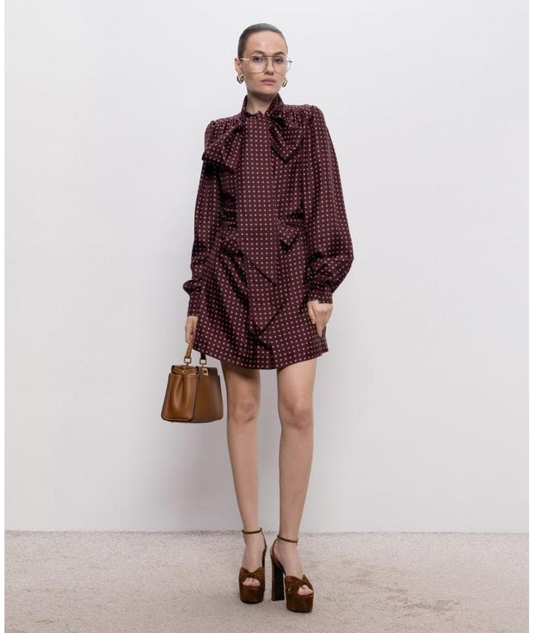 SAINT LAURENT Бордовое шелковое повседневное платье, фото 2