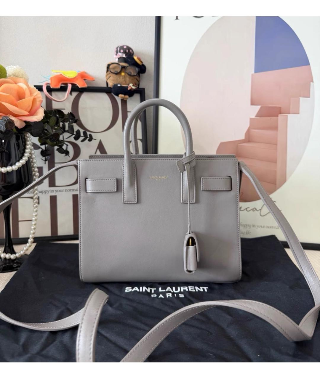 SAINT LAURENT Серая кожаная сумка тоут, фото 2