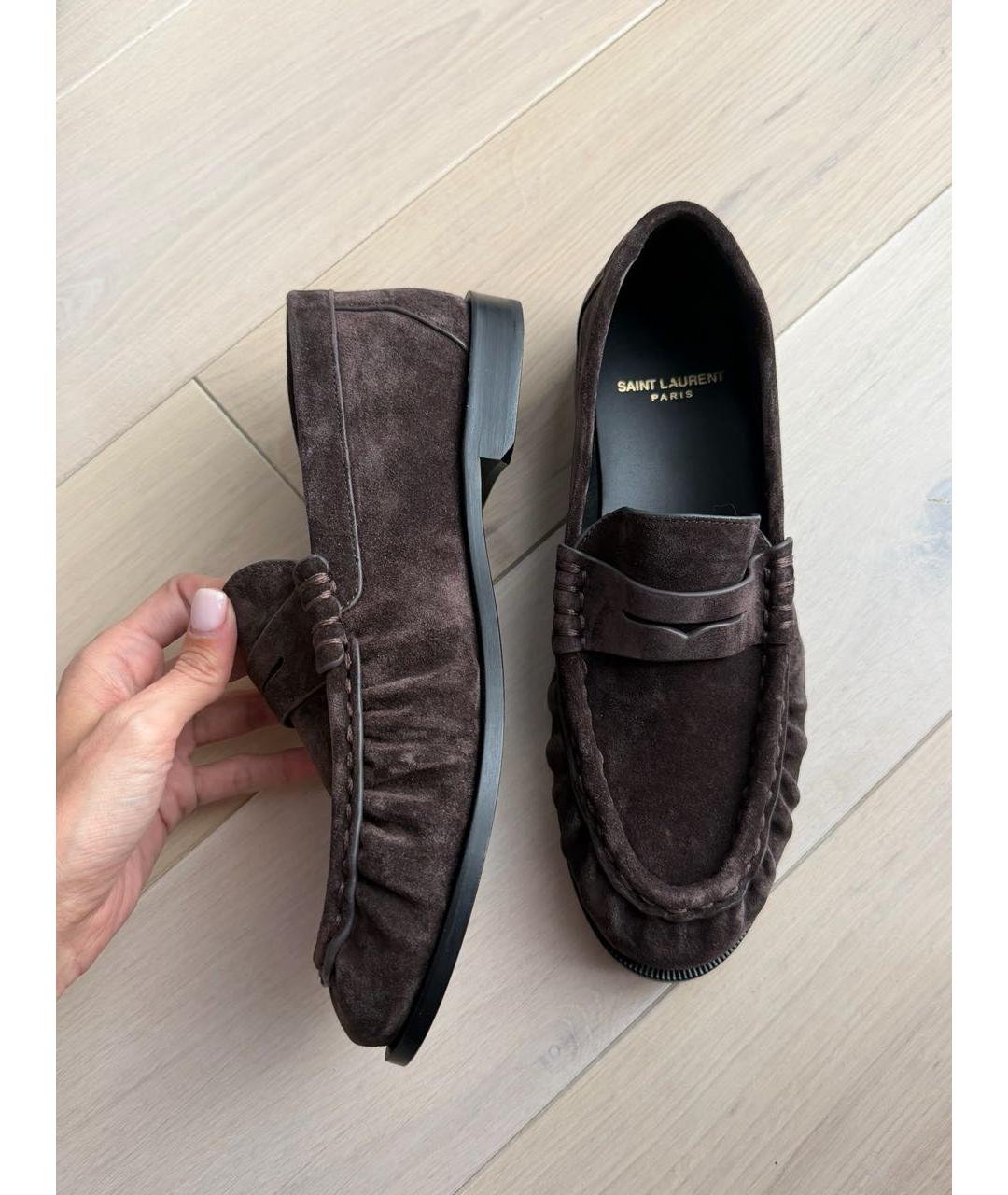 SAINT LAURENT Коричневые замшевые лоферы, фото 9