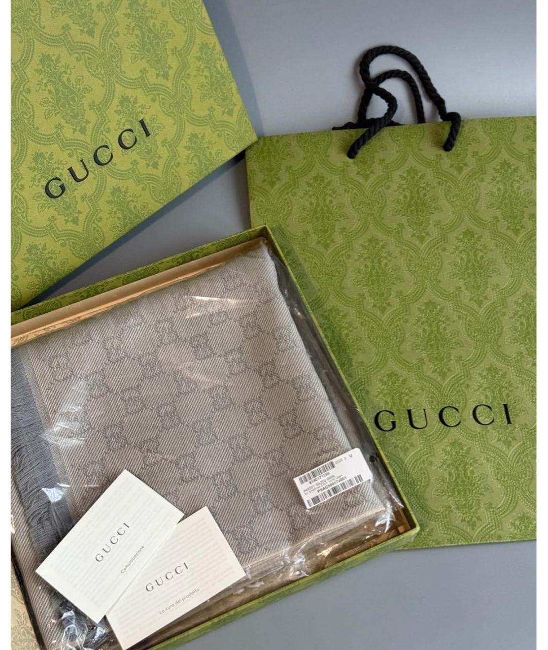 GUCCI Серый шерстяной шарф, фото 5