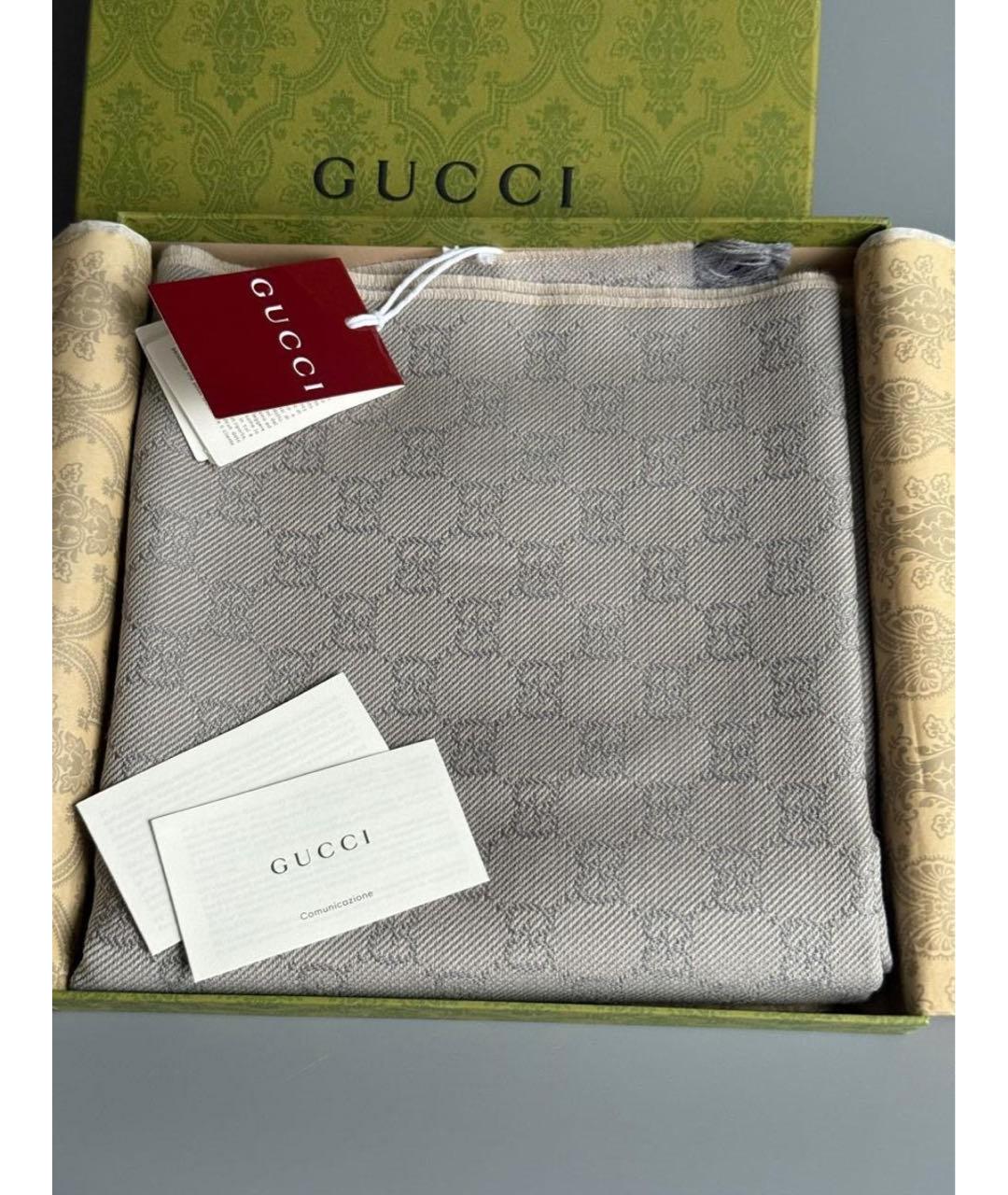 GUCCI Серый шерстяной шарф, фото 2