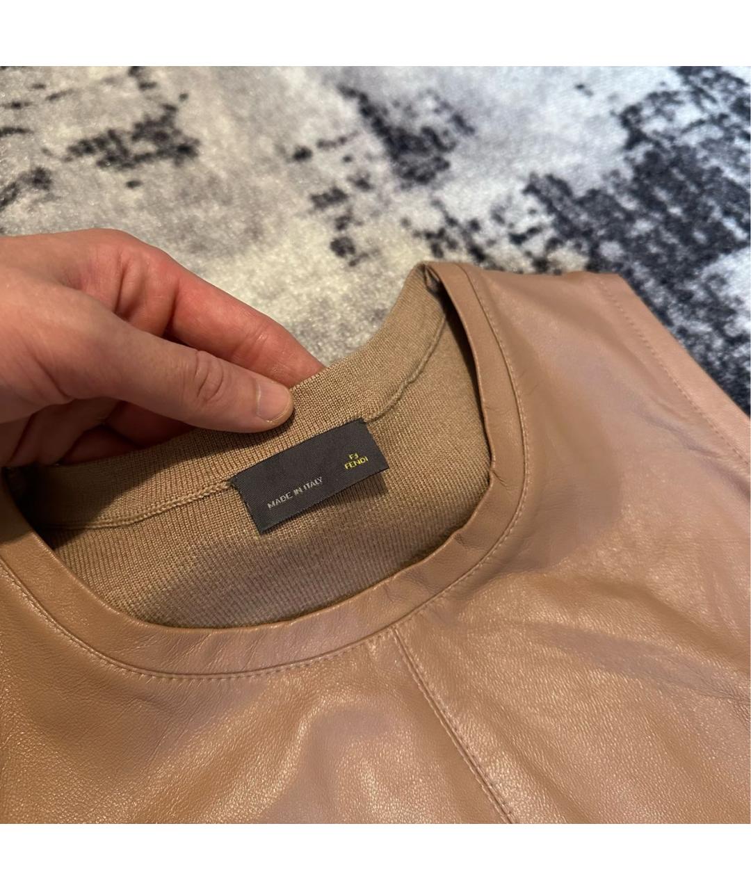 FENDI Бежевое кожаное повседневное платье, фото 4