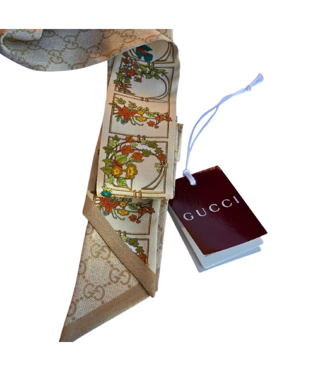 GUCCI Бежевый шелковый шарф, фото 3