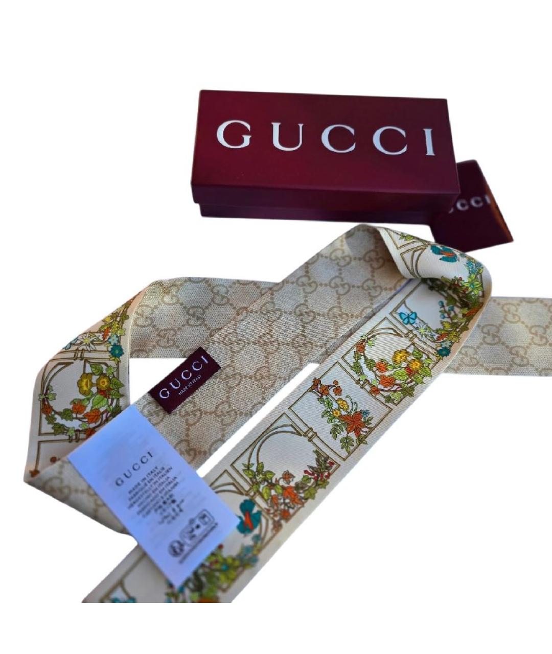 GUCCI Бежевый шелковый шарф, фото 2
