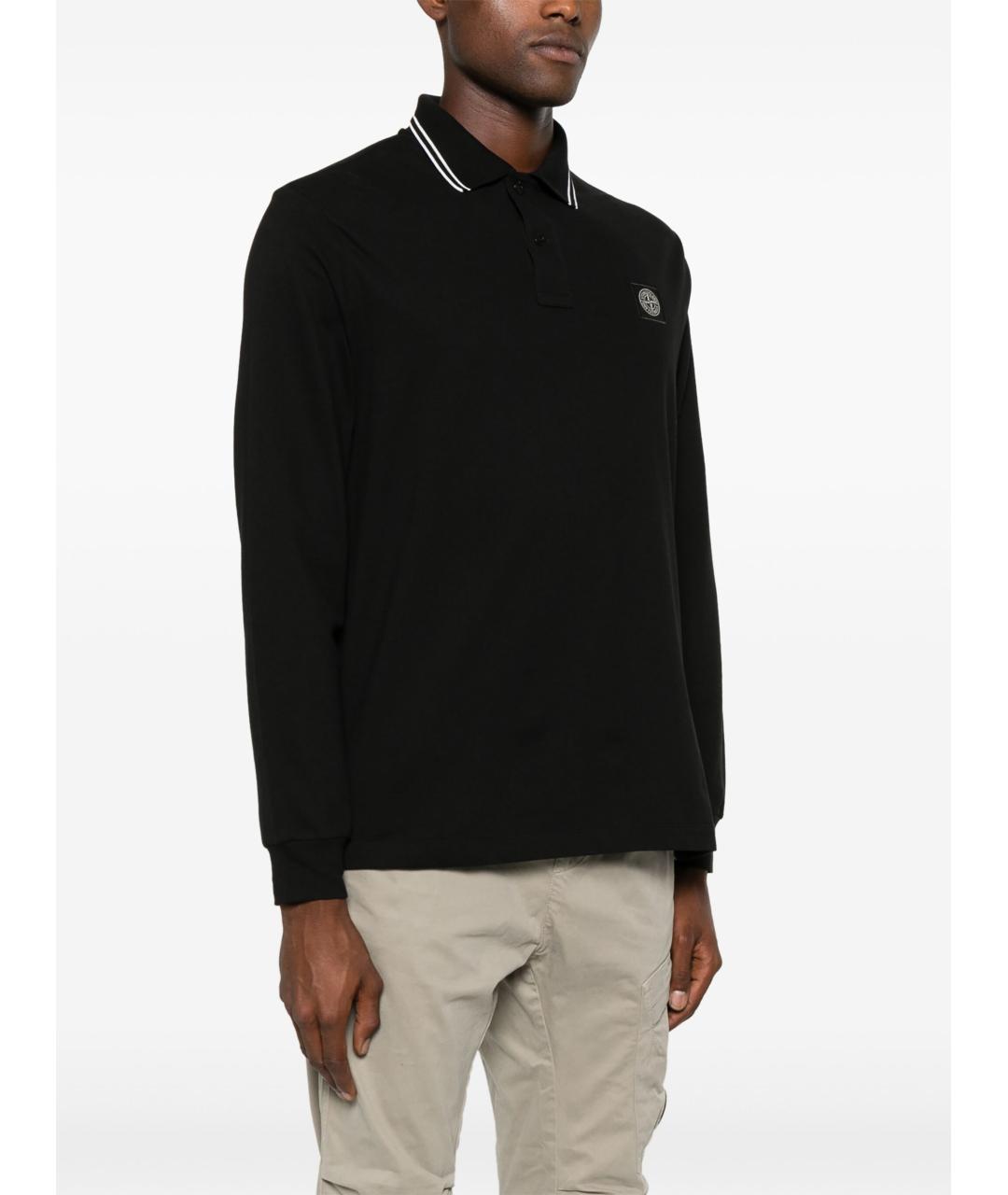 STONE ISLAND Черное хлопковое поло с длинным рукавом, фото 2
