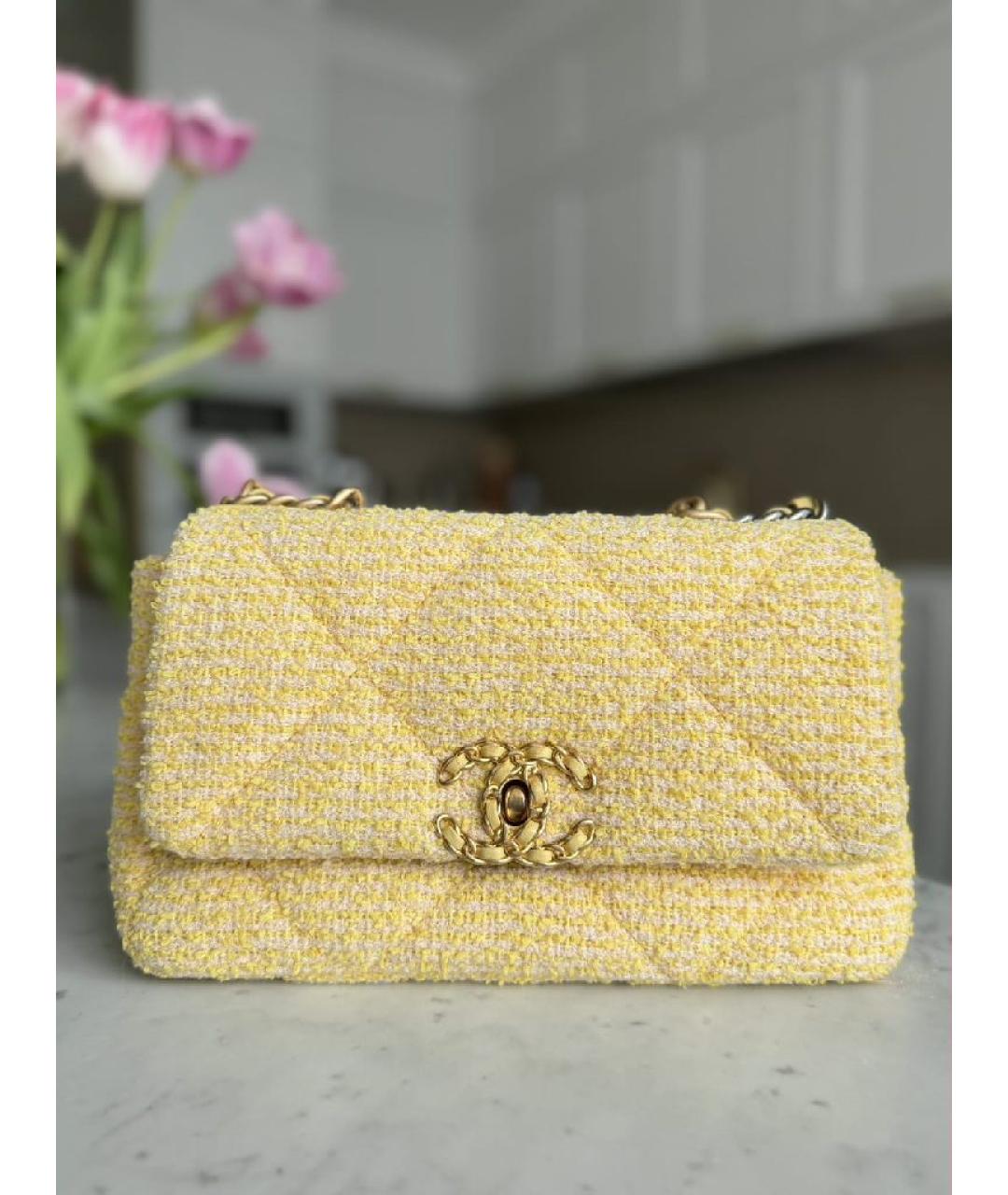 CHANEL Желтая твидовая сумка через плечо, фото 10
