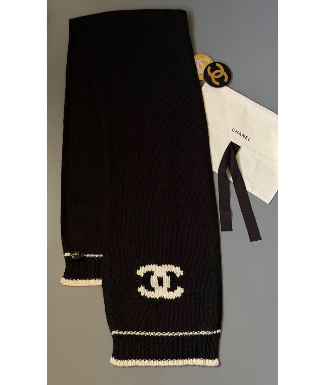 CHANEL Черный шерстяной шарф, фото 3