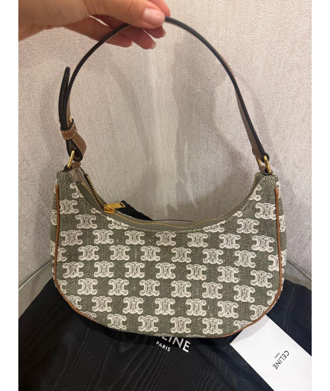 CELINE Хаки сумка с короткими ручками из канвы, фото 5