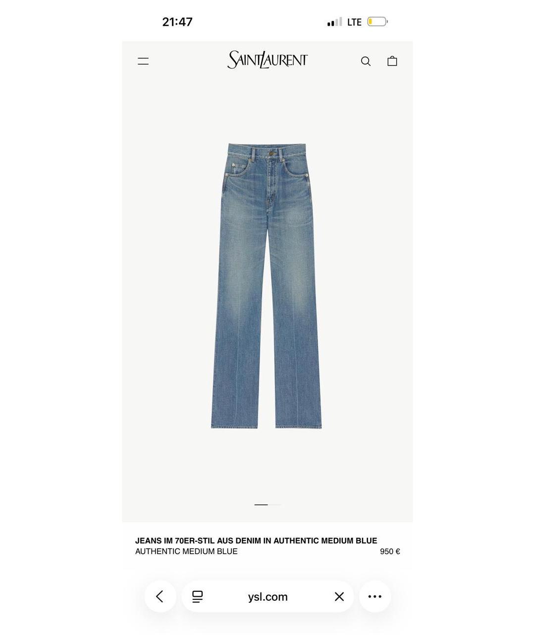 SAINT LAURENT Синие хлопковые прямые джинсы, фото 7