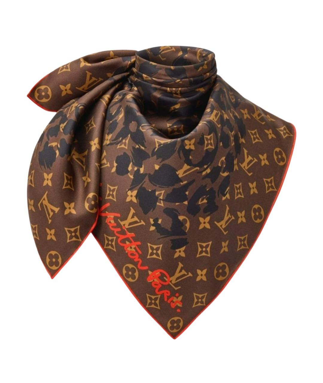 LOUIS VUITTON Коричневый шелковый платок, фото 1