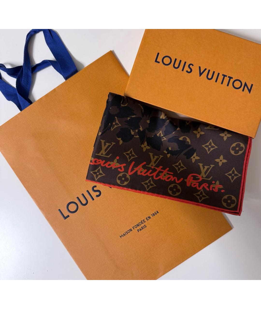 LOUIS VUITTON Коричневый шелковый платок, фото 8