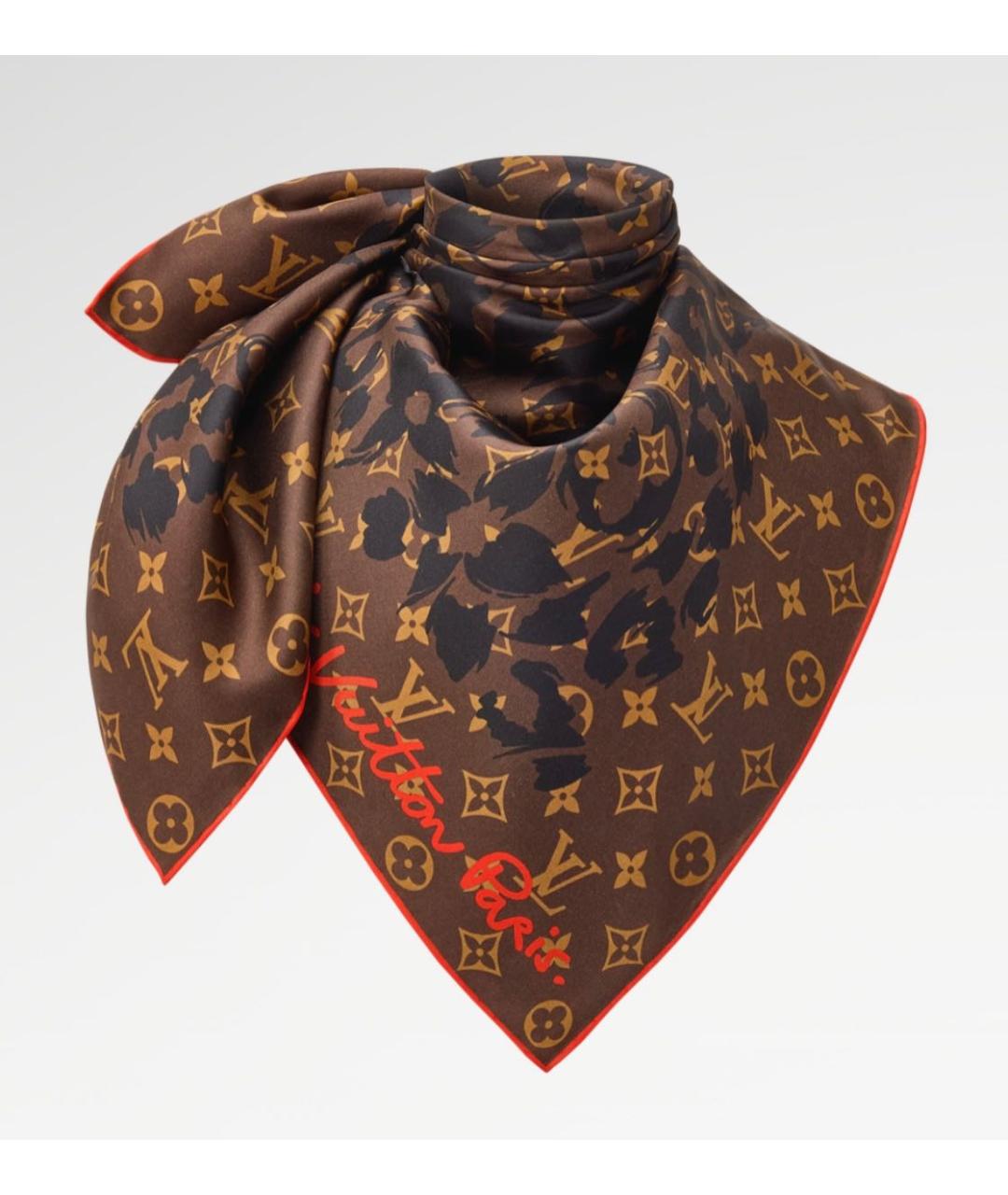 LOUIS VUITTON Коричневый шелковый платок, фото 9