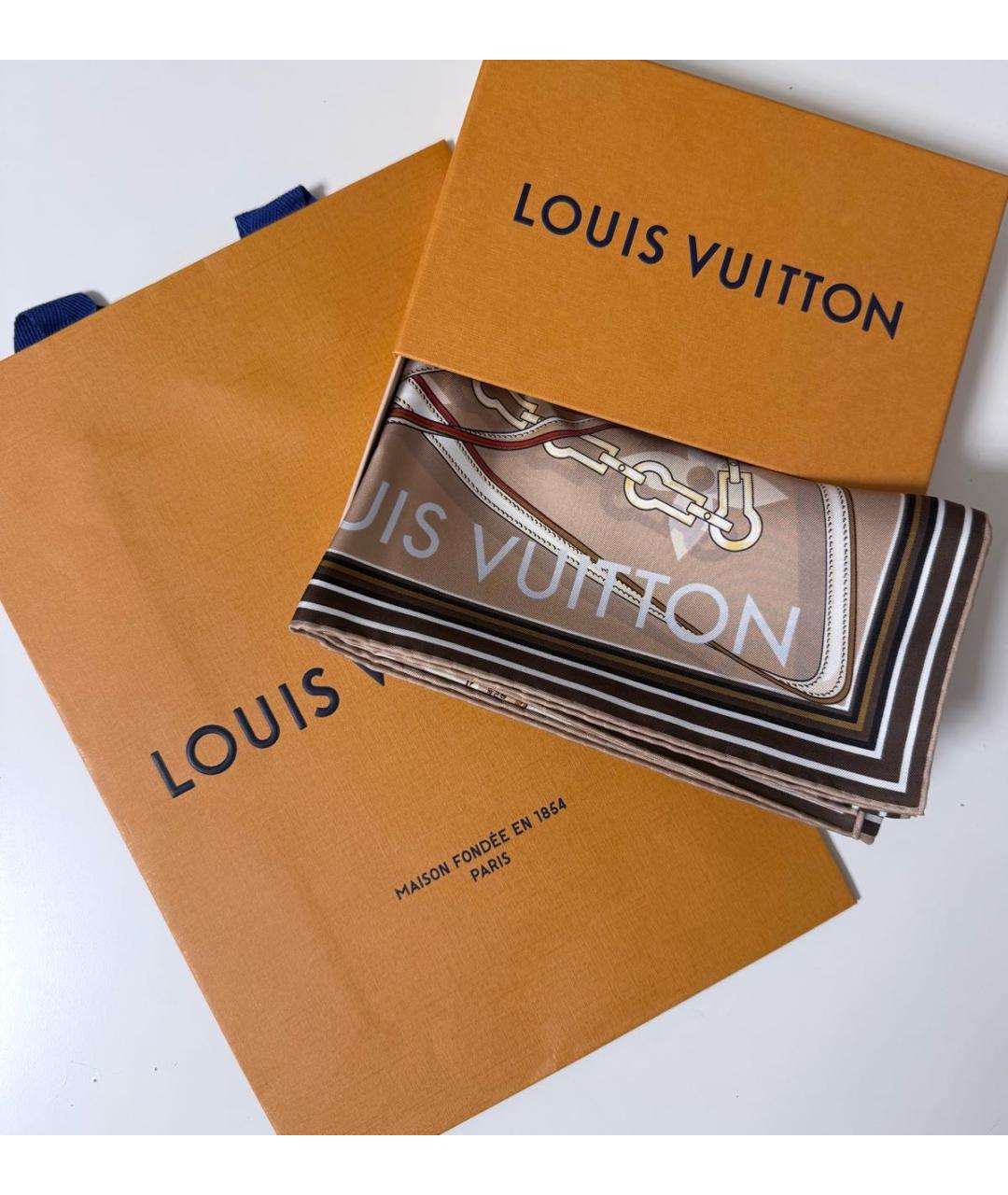 LOUIS VUITTON Бежевый шелковый платок, фото 8