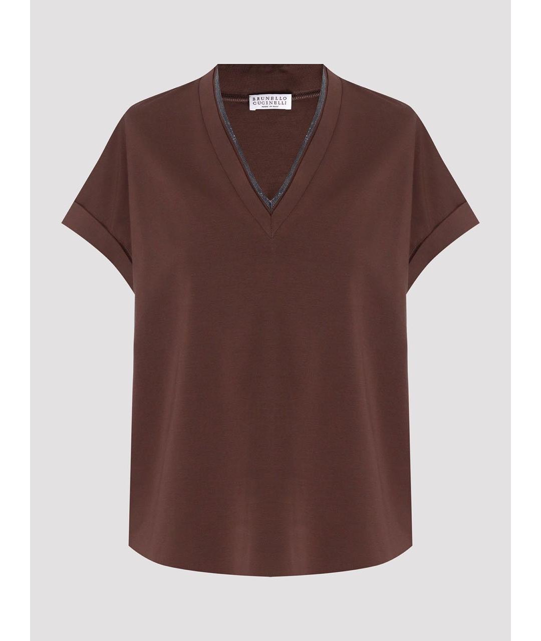 BRUNELLO CUCINELLI Коричневая хлопко-эластановая футболка, фото 6