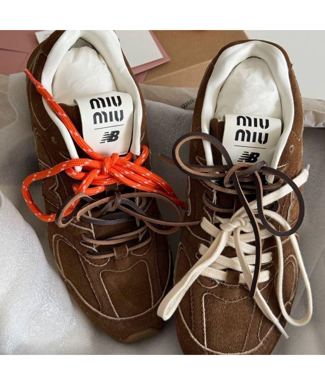 MIU MIU Коричневые кожаные кроссовки, фото 4