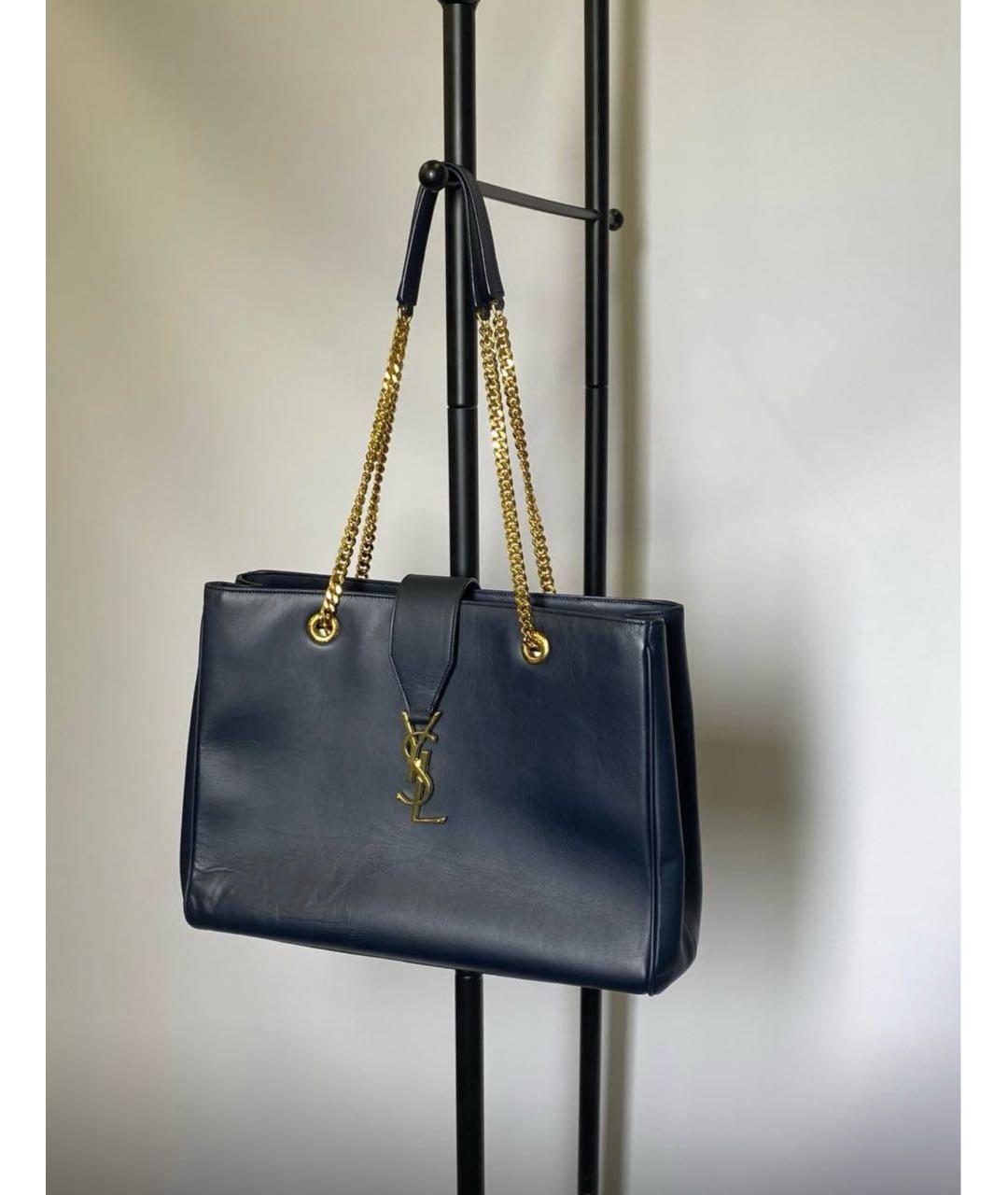 SAINT LAURENT Темно-синяя кожаная сумка тоут, фото 7