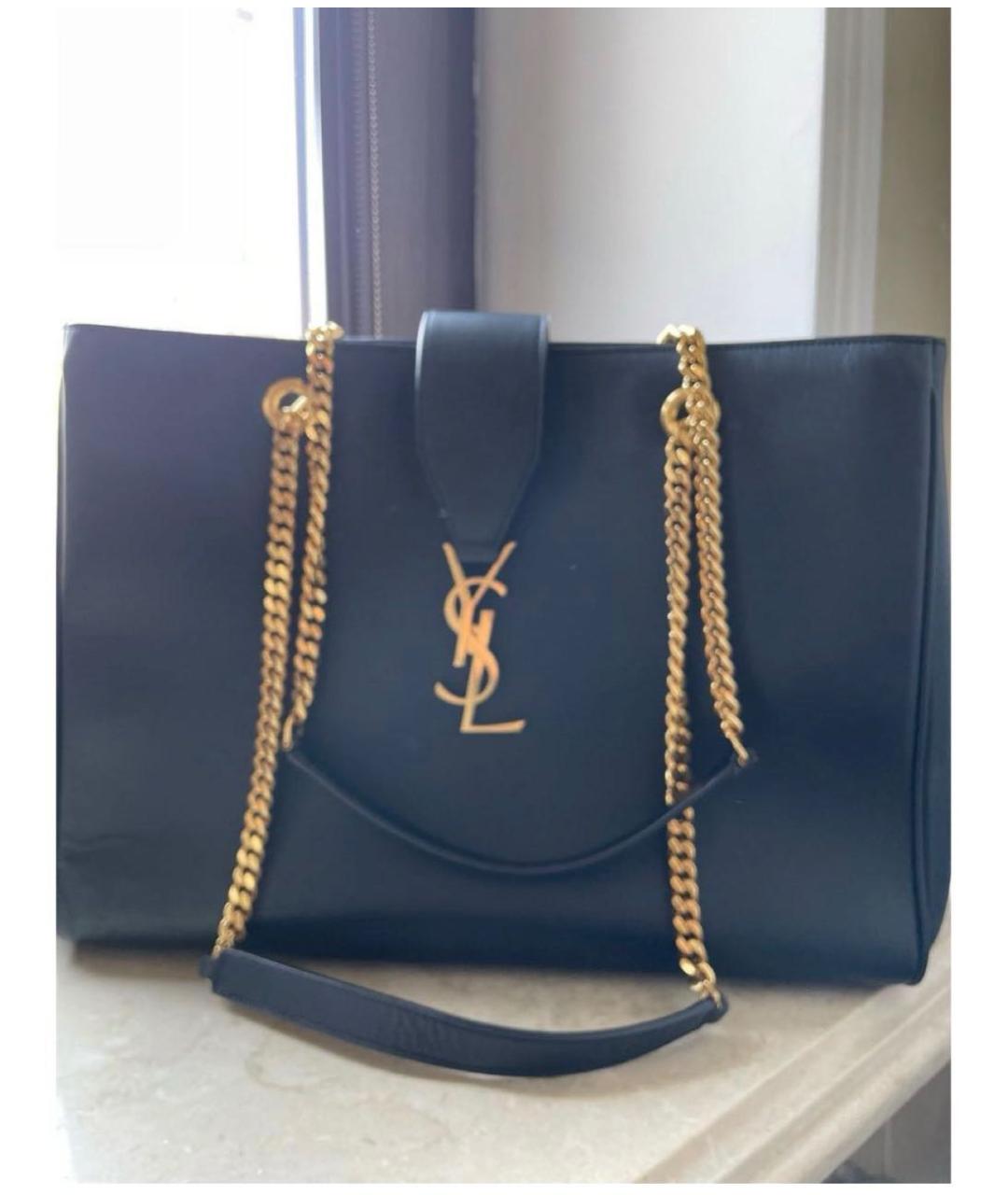 SAINT LAURENT Темно-синяя кожаная сумка тоут, фото 3