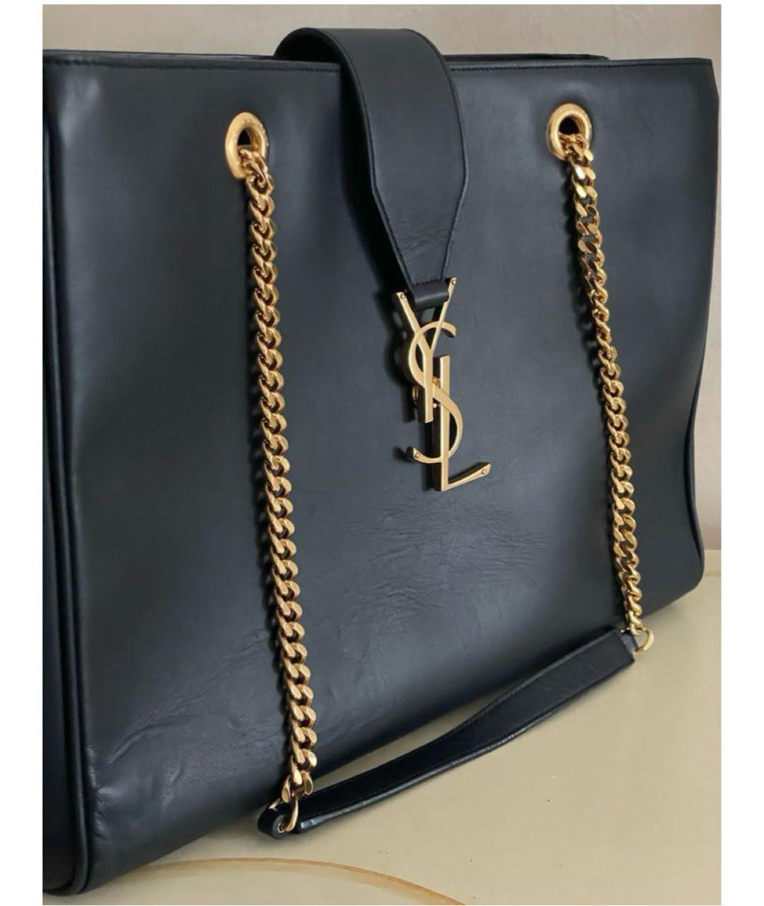 SAINT LAURENT Темно-синяя кожаная сумка тоут, фото 2