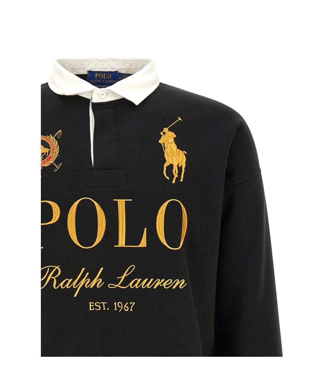 RALPH LAUREN Черное хлопко-полиэстеровое поло с длинным рукавом, фото 2