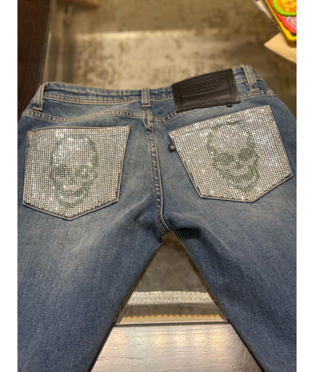 PHILIPP PLEIN Синие хлопко-эластановые прямые джинсы, фото 7