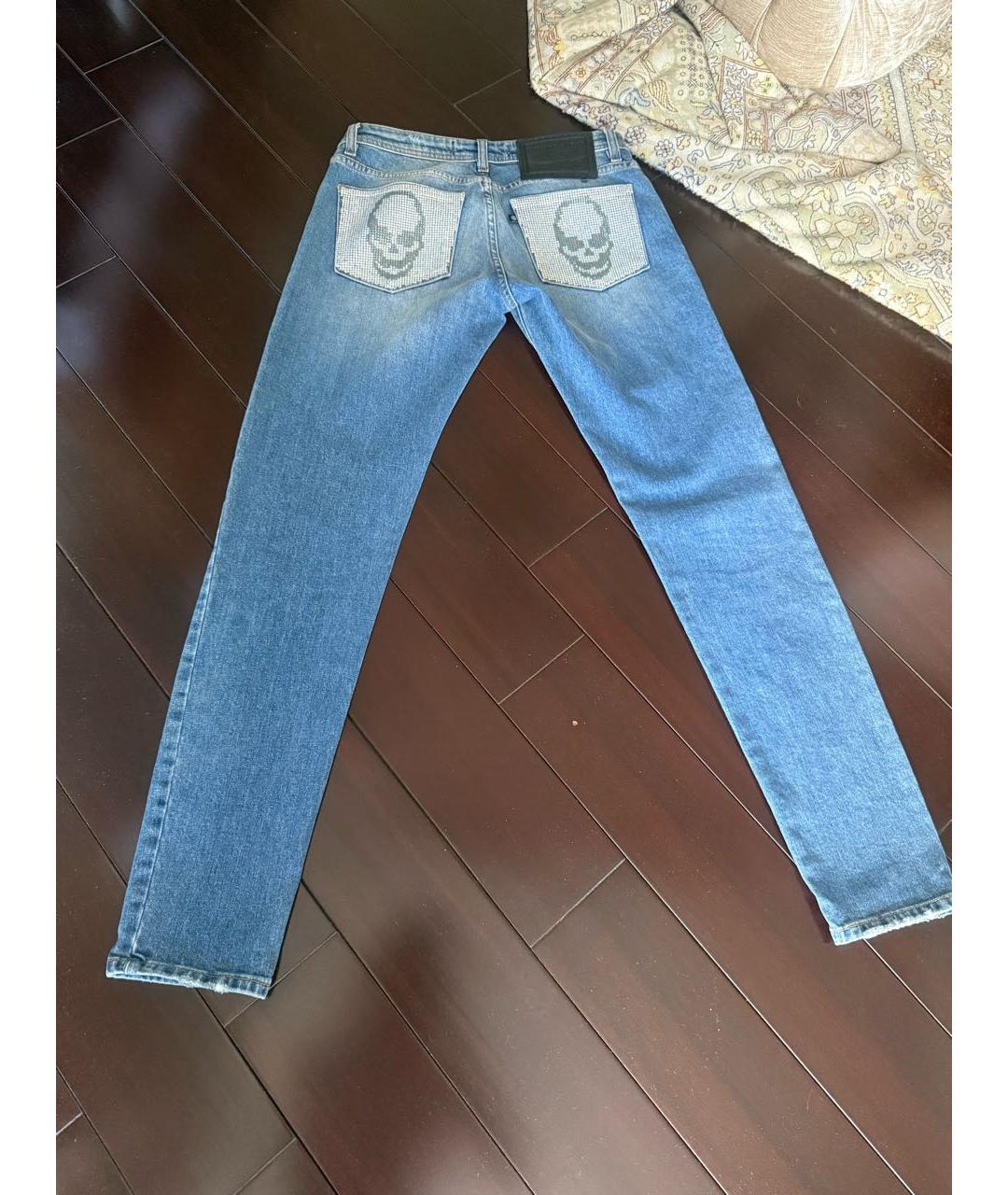 PHILIPP PLEIN Синие хлопко-эластановые прямые джинсы, фото 3