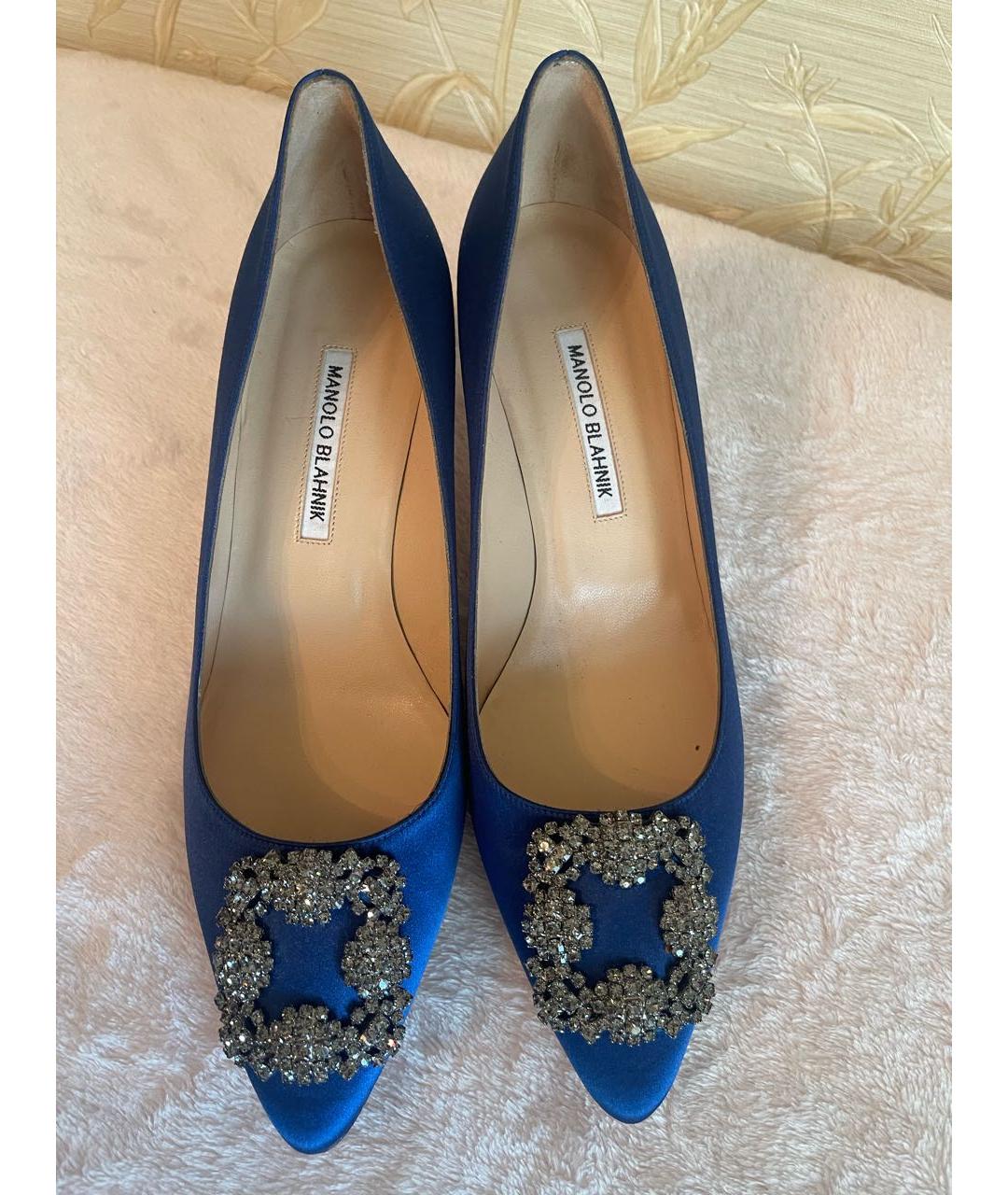 MANOLO BLAHNIK Синие текстильные лодочки на низком каблуке, фото 2