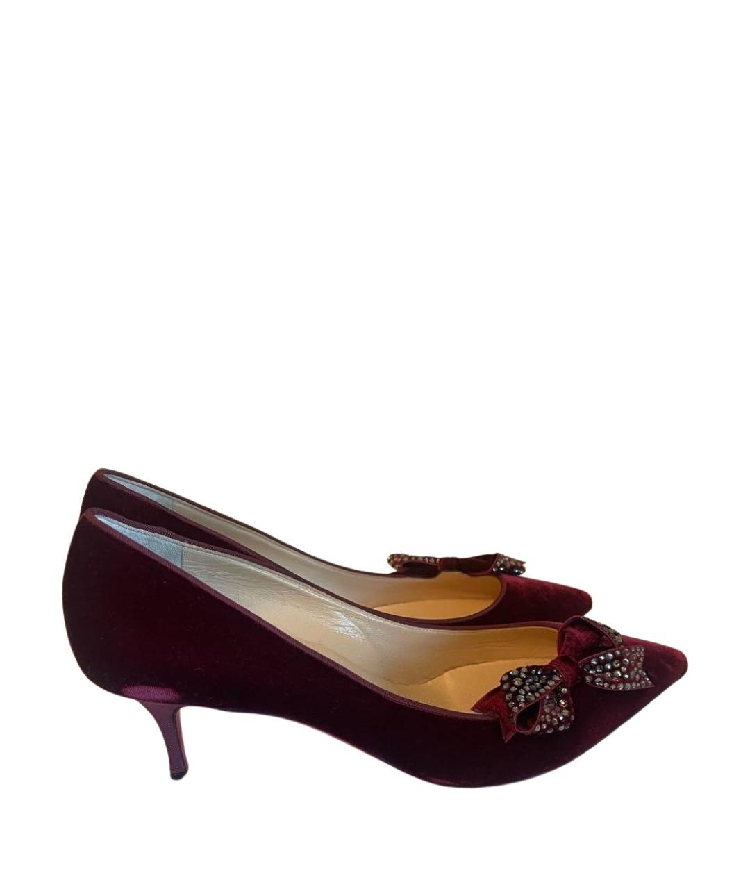 CHRISTIAN LOUBOUTIN Бордовые бархатные лодочки на низком каблуке, фото 1
