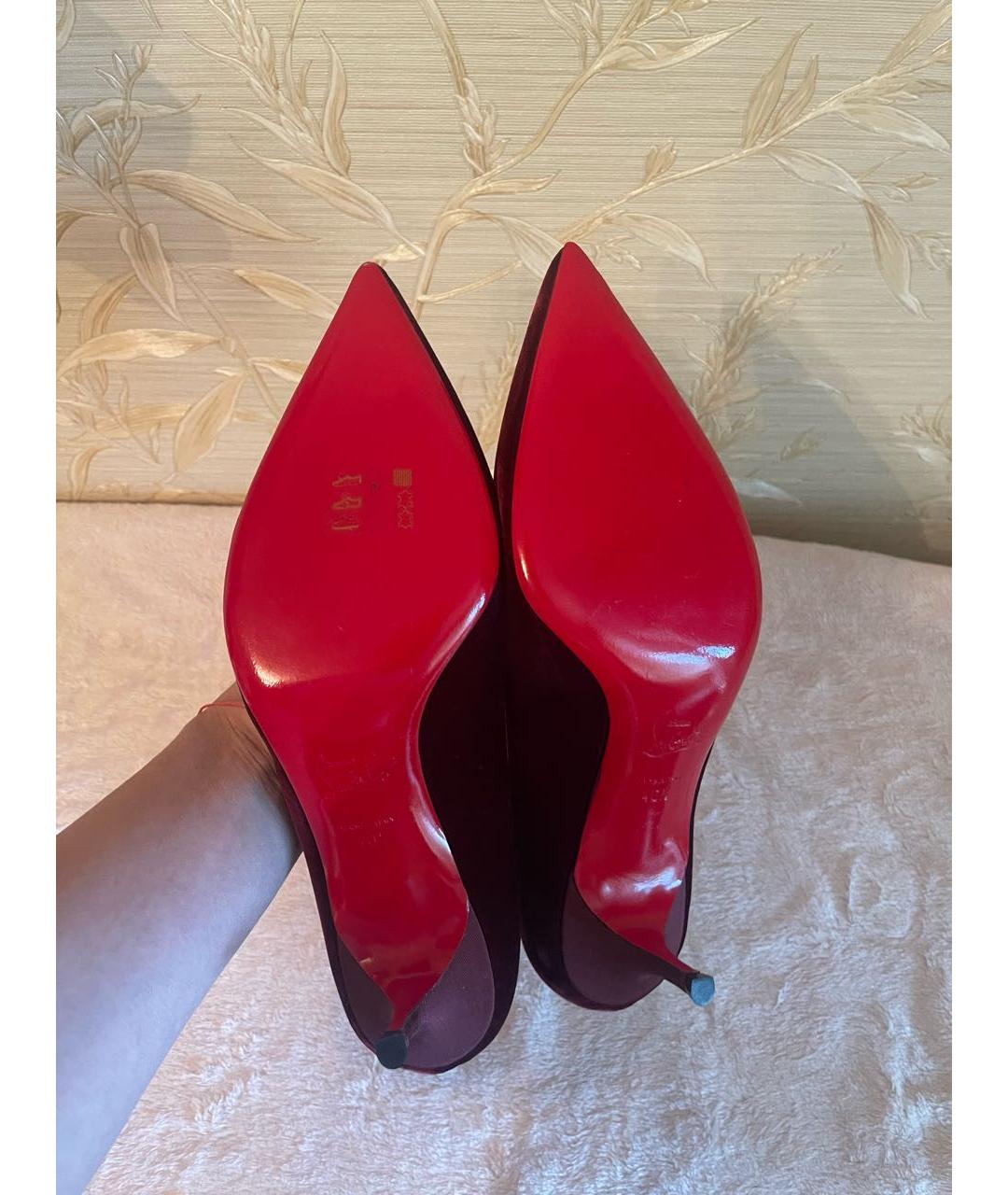 CHRISTIAN LOUBOUTIN Бордовые бархатные лодочки на низком каблуке, фото 6