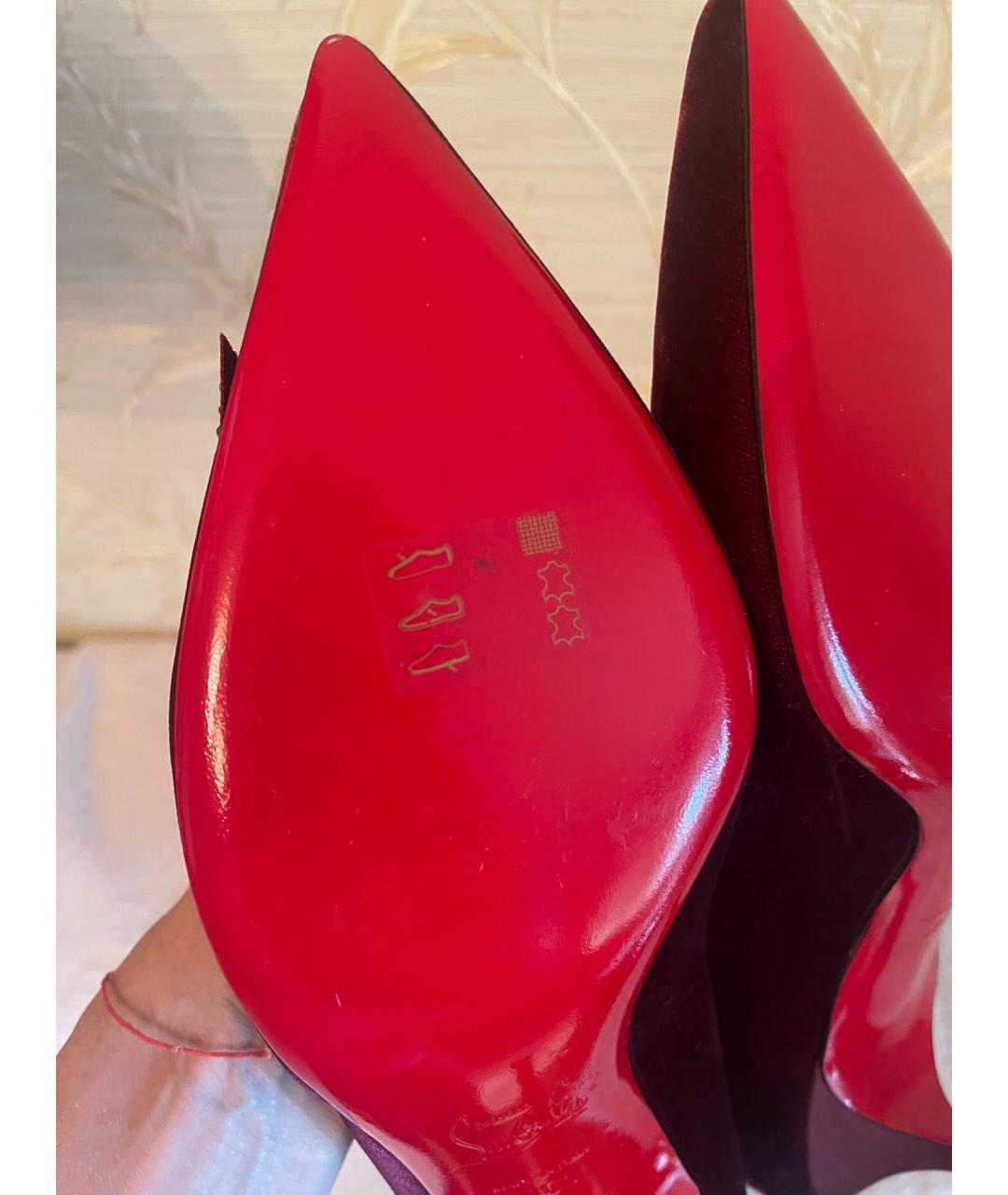 CHRISTIAN LOUBOUTIN Бордовые бархатные лодочки на низком каблуке, фото 5