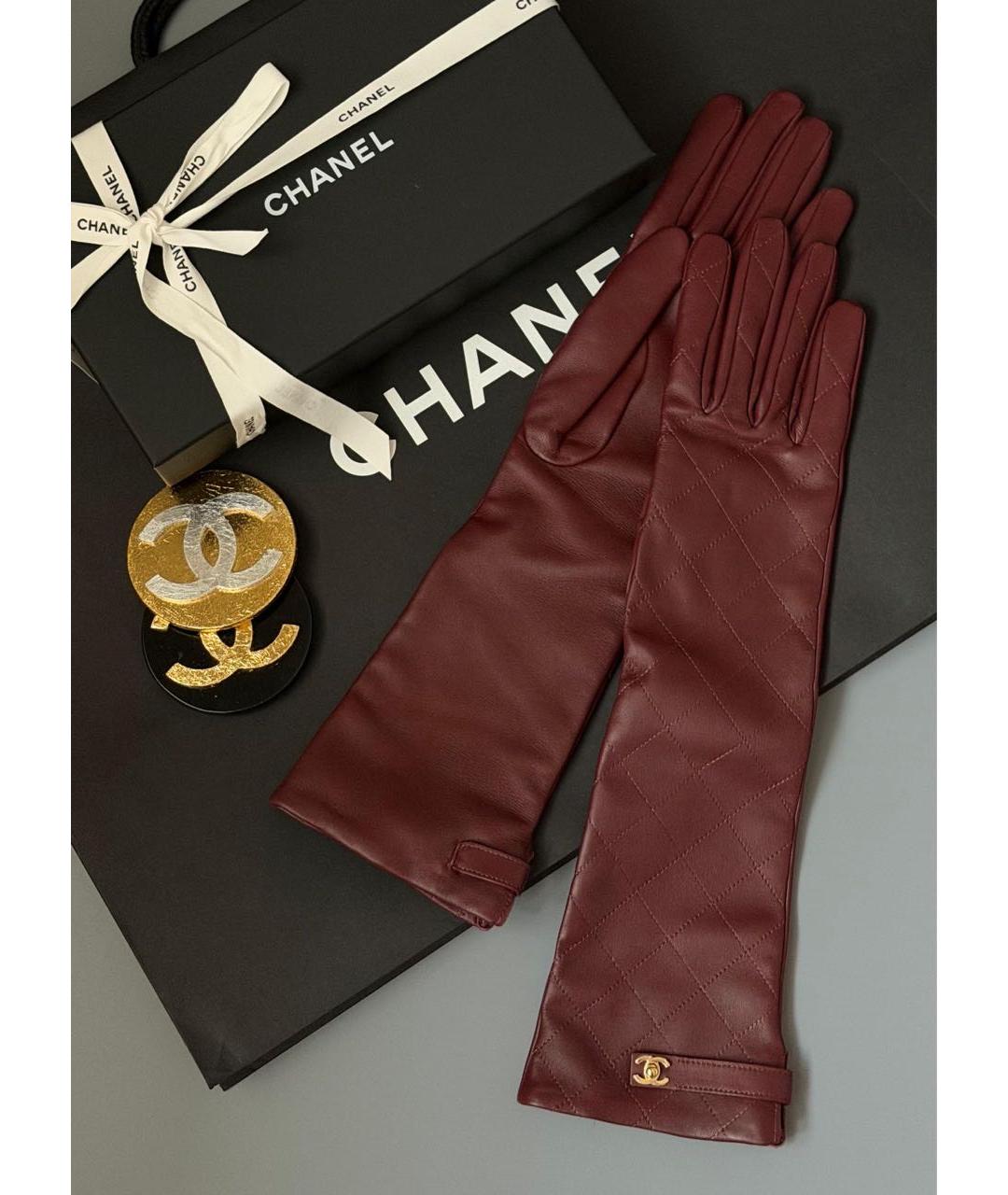 CHANEL Бордовые кожаные перчатки, фото 3