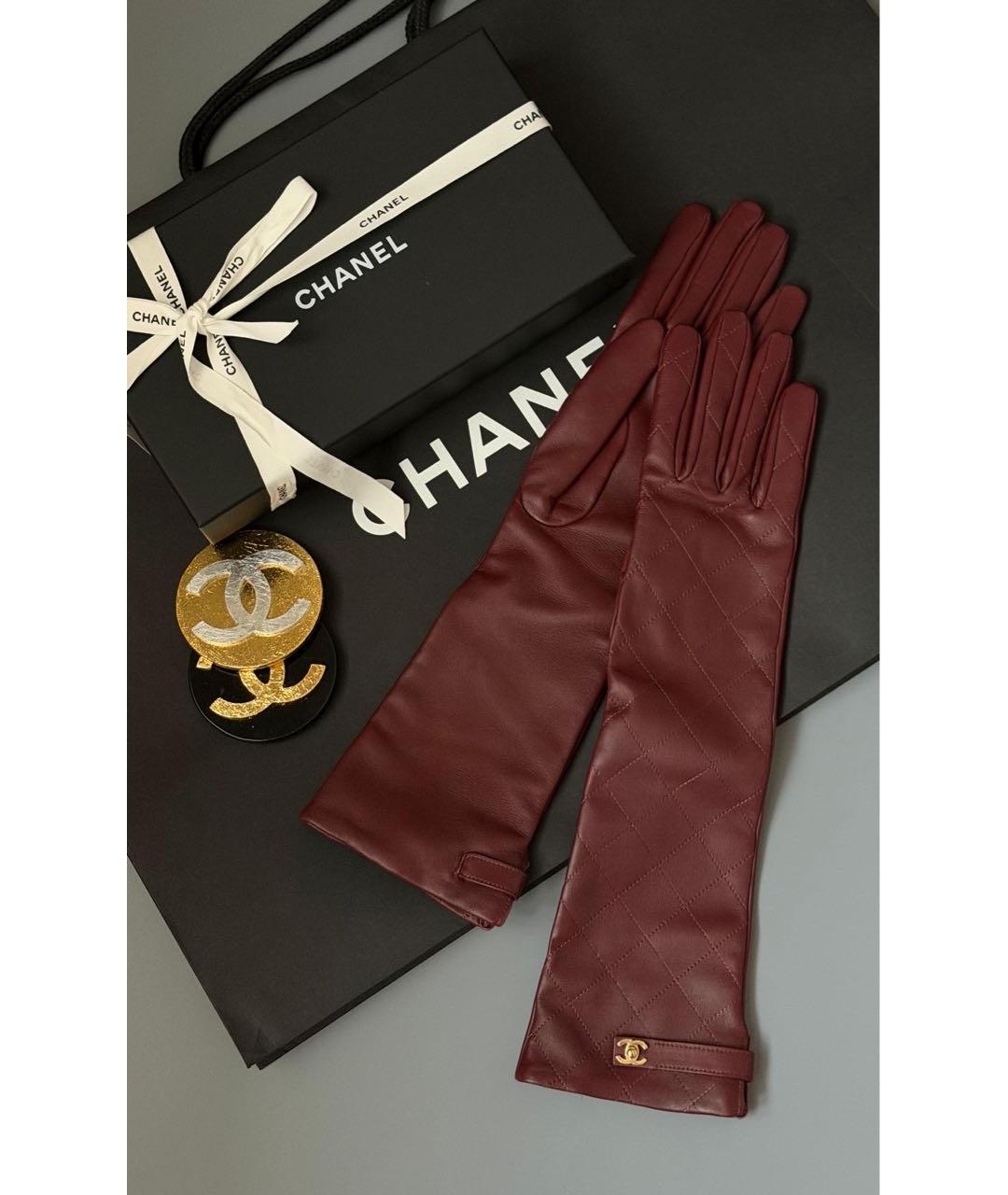CHANEL Бордовые кожаные перчатки, фото 2
