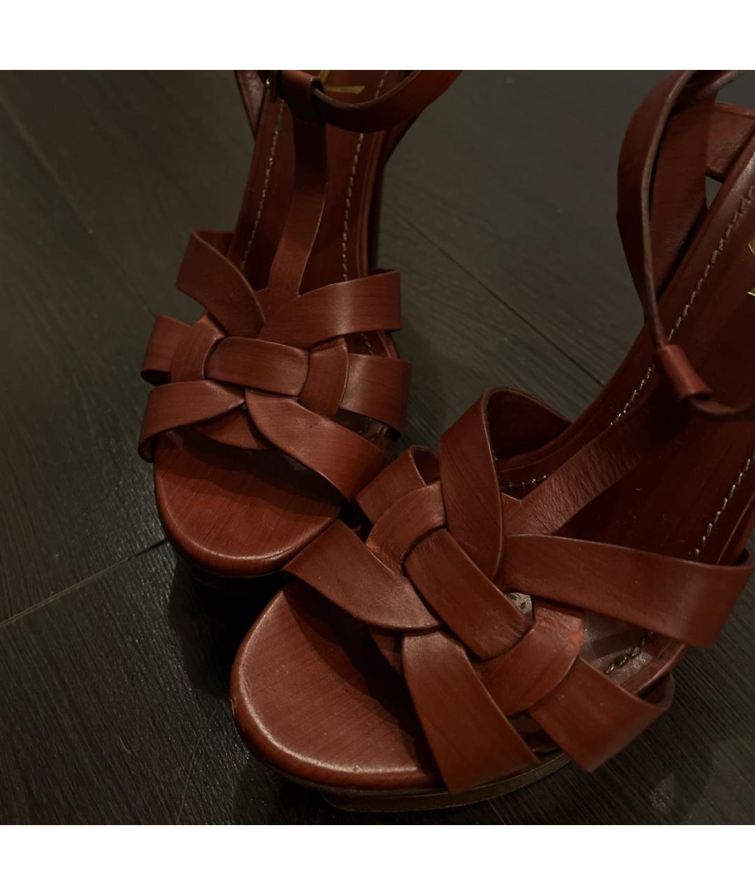 SAINT LAURENT Коричневые кожаные босоножки, фото 5